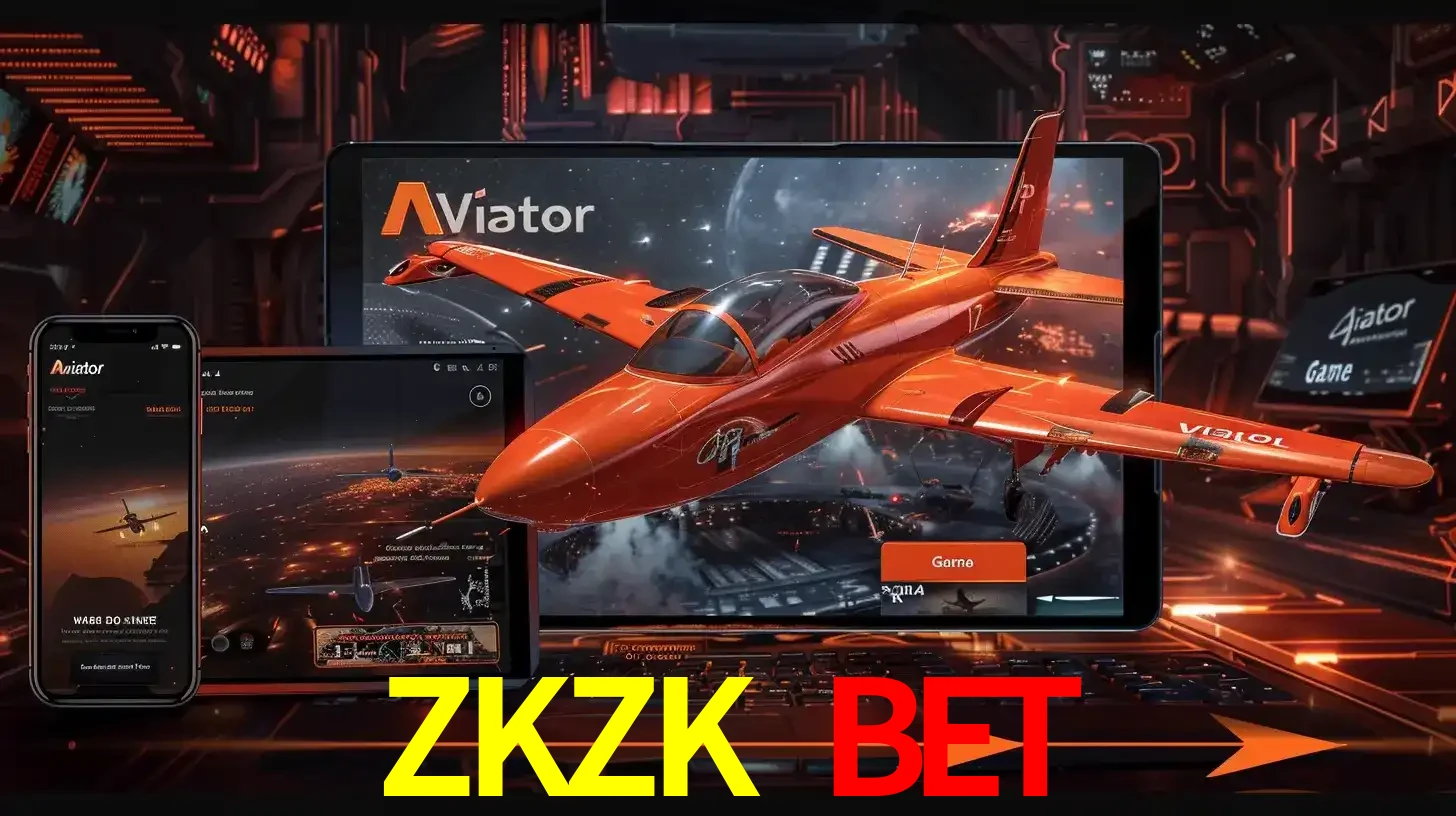 Apresentação tecnológica do jogo Aviator com um avião saindo da tela de um tablet, demonstrando a experiência imersiva em múltiplos dispositivos no ZKZK BET.