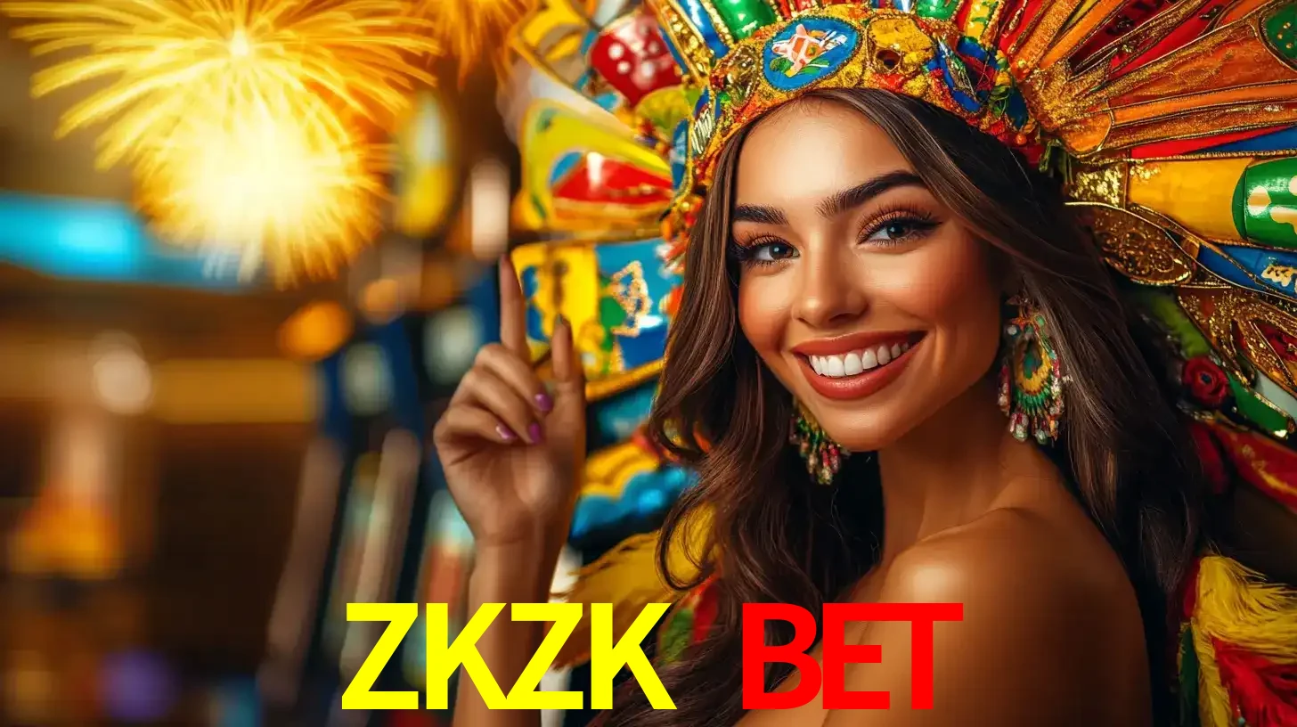 Mulher sorridente com um cocar de carnaval vibrante e colorido, celebrando uma grande vitória nos jogos do cassino ZKZK BET com fogos de artifício ao fundo.