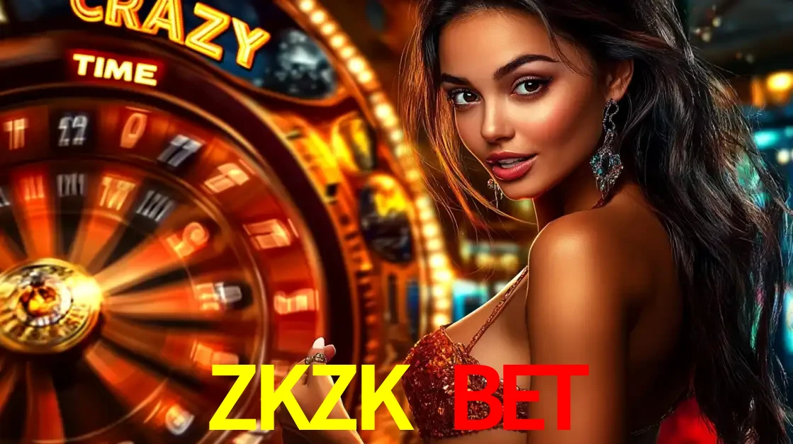 Mulher ao lado da roda de prêmios do jogo de cassino ao vivo Crazy Time, um dos shows de jogos mais emocionantes oferecidos pela plataforma de apostas ZKZK BET.