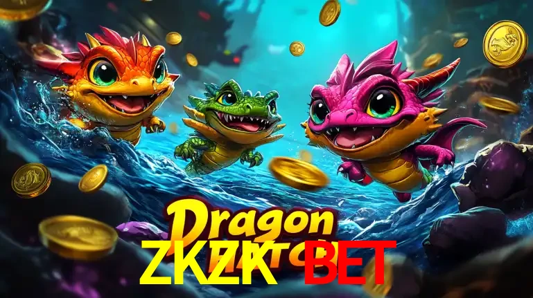 Arte promocional do jogo Dragon Hatch com três adoráveis dragões bebês nadando entre moedas de ouro, um dos slots mais divertidos para jogar no cassino ZKZK BET.