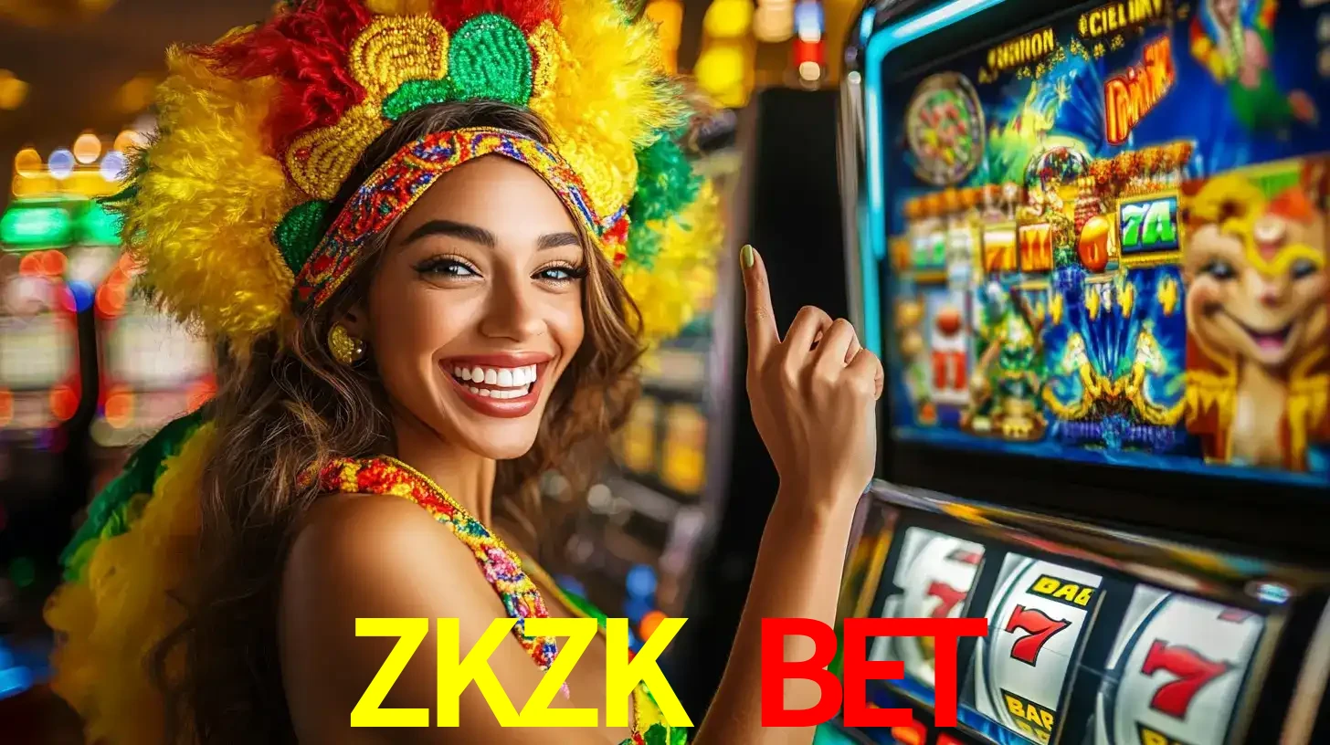 Mulher animada com um cocar de carnaval apontando para uma máquina de caça-níqueis, mostrando a emoção de ganhar um grande prêmio nos jogos do ZKZK BET.