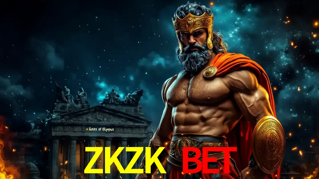 O poderoso Zeus do jogo de slot Gates of Olympus em frente ao seu templo, pronto para lançar multiplicadores divinos e prêmios épicos no cassino online ZKZK BET.