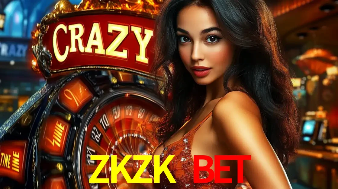 Mulher glamourosa olhando para a câmera com a roda vermelha do Crazy Time ao fundo em um ambiente de cassino, destacando a emoção dos jogos ao vivo no ZKZK BET.