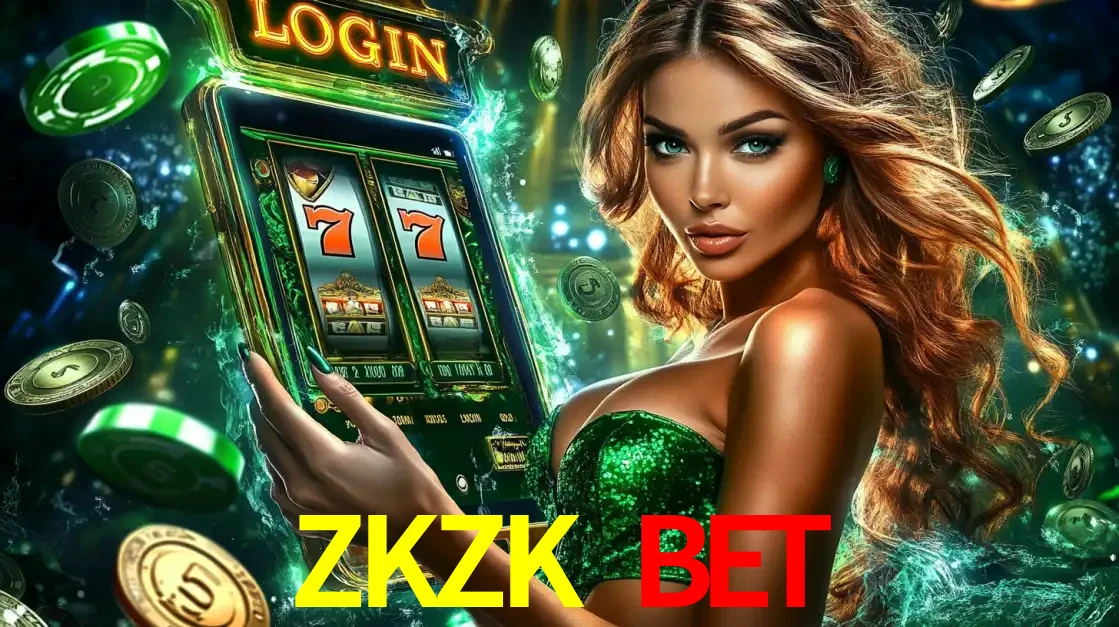 Mulher com tema verde apresentando o aplicativo do cassino ZKZK BET com um jogo de slot de 777, cercada por fichas de cassino e uma aura de sorte.