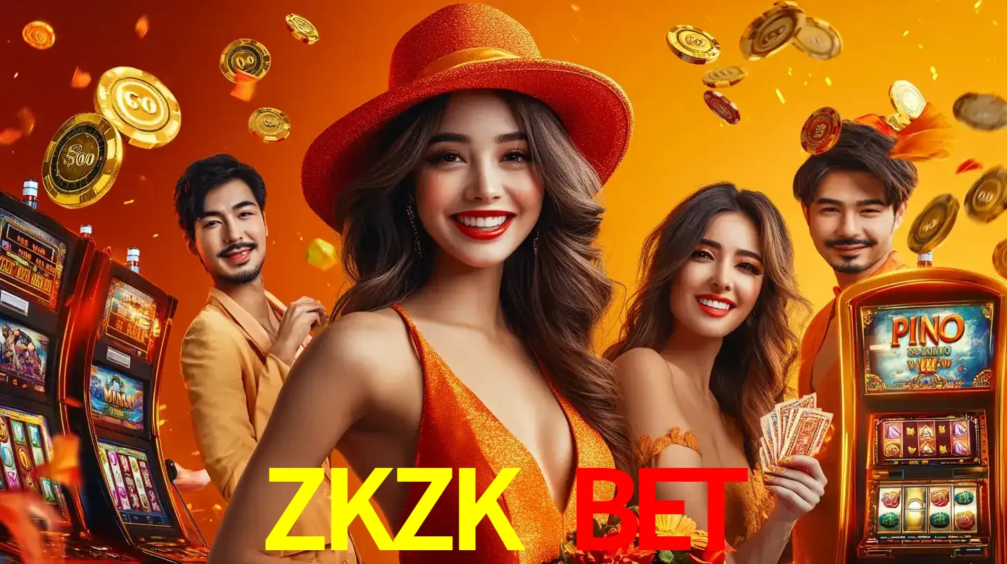 Grupo de amigos asiáticos sorrindo e se divertindo com máquinas de caça-níqueis em um ambiente festivo, celebrando suas vitórias nos jogos de cassino do ZKZK BET.