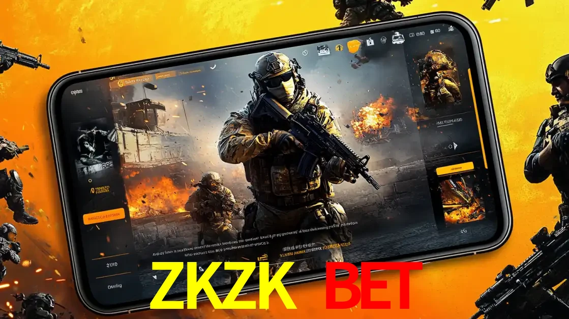 Um smartphone exibindo a interface de um jogo de tiro em primeira pessoa, com um soldado em um cenário de batalha, representando a ação dos e-sports para apostar no ZKZK BET.