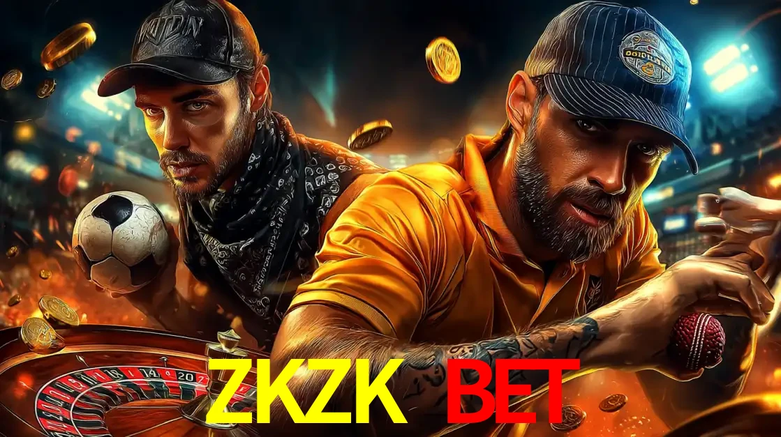 Montagem de apostas esportivas e cassino no ZKZK BET, com um homem segurando uma bola de futebol e outro uma de beisebol sobre uma roleta e moedas voadoras.