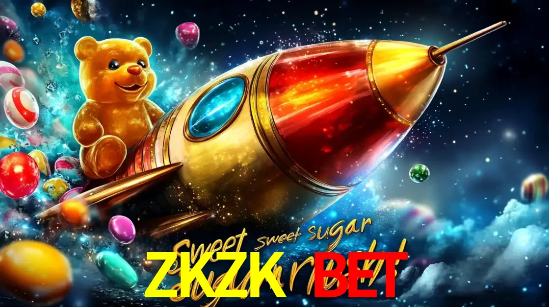 Arte promocional do jogo de slot Sugar Rush, com um urso de pelúcia em um foguete viajando pelo espaço de doces, um dos jogos divertidos disponíveis no cassino ZKZK BET.