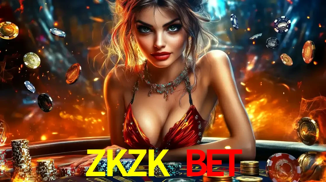 Mulher em uma mesa de cassino com pilhas de fichas e um fundo de fogo, pronta para uma rodada de altas apostas nos jogos de mesa emocionantes do cassino ZKZK BET.