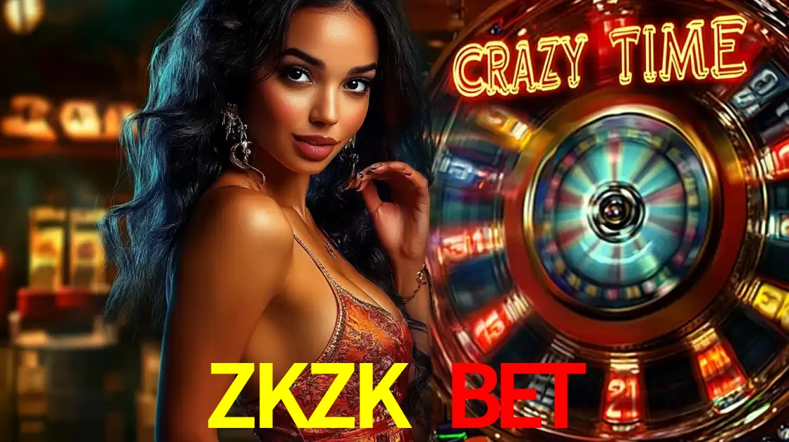 Mulher elegante ao lado da vibrante roda da fortuna do jogo de cassino ao vivo Crazy Time, um dos game shows mais populares e cheios de prêmios do ZKZK BET.