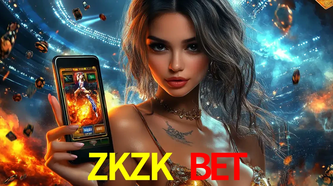 Mulher segurando um celular com um jogo de slot em destaque, tendo como fundo um estádio vibrante, simbolizando a emoção de jogar no cassino móvel ZKZK BET.