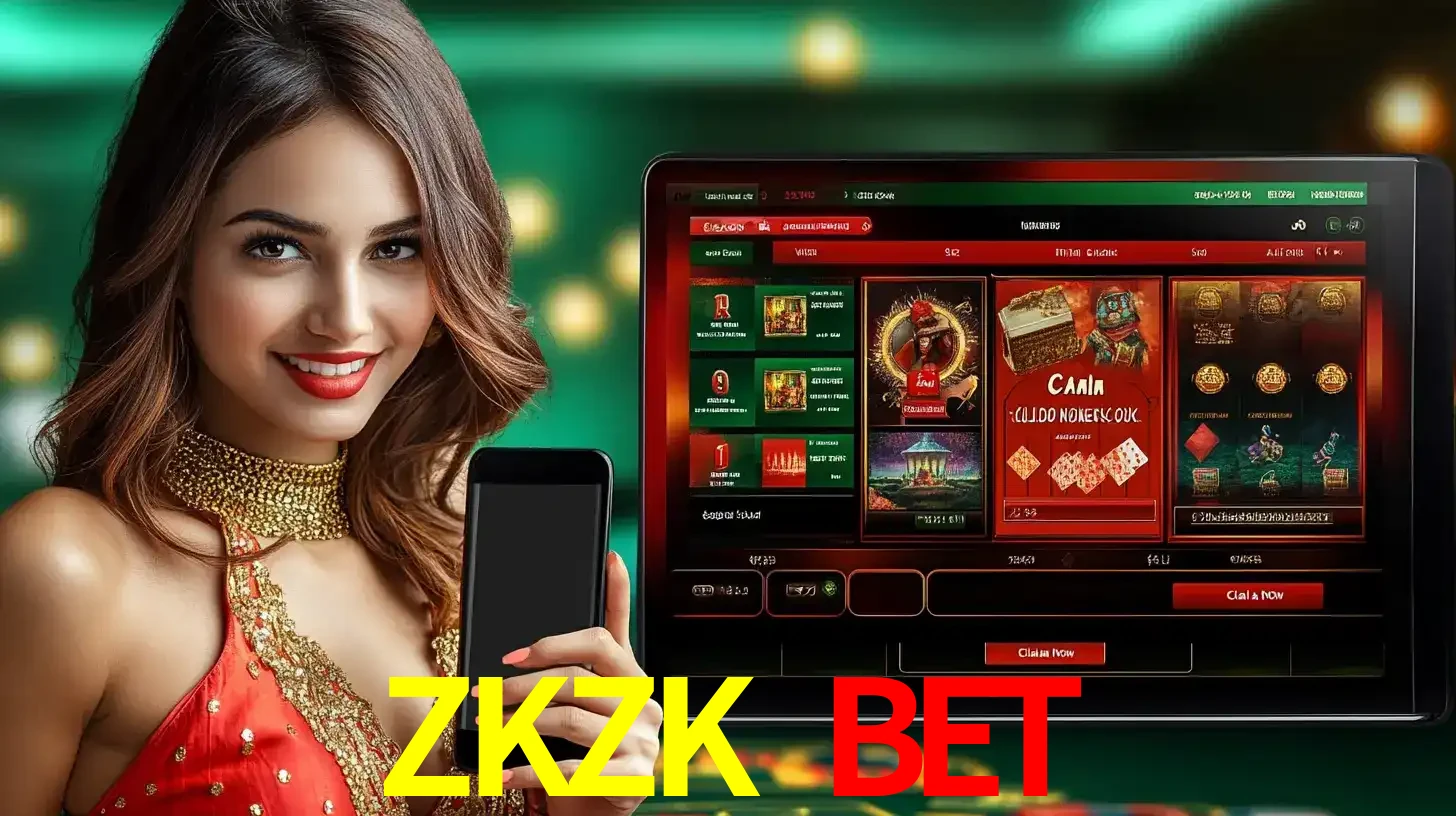 Mulher sorridente segurando um smartphone, ao lado de uma tela exibindo o lobby de jogos do cassino online ZKZK BET, com várias opções de jogos de cartas e slots.